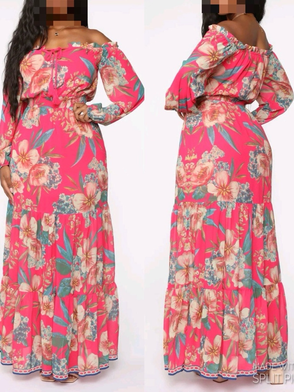 Coral Pink Floral Off-Shoulder Maxi Dress Large